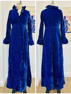 Vintage Velvet Ruffle-Trim Maxi Dress With Bell Sleeves